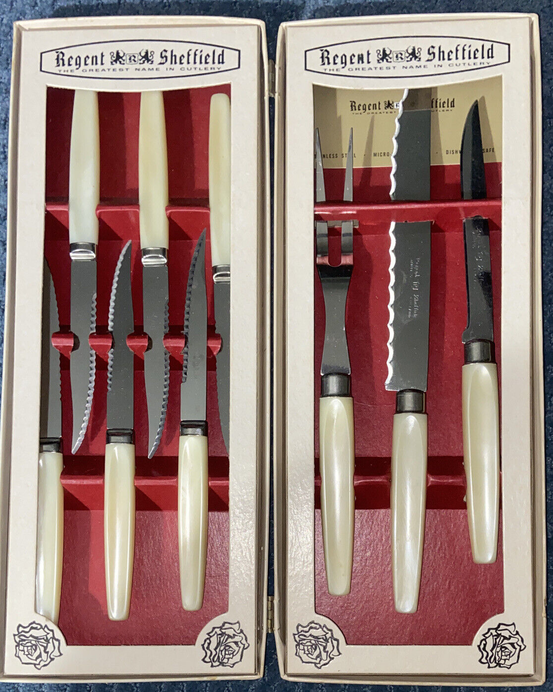 MCM Regent Sheffield Cutlery Set. 6 Steak Knives. 3 Piece Carving Set. NEW Case