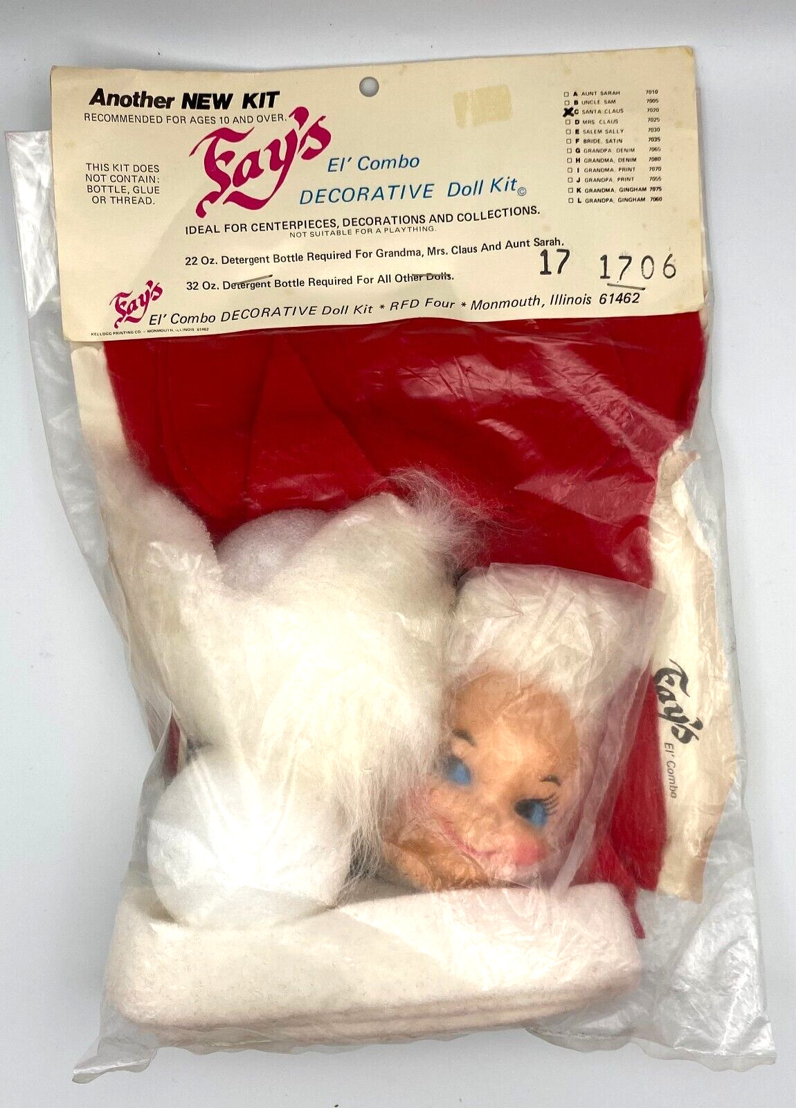 Vintage Fay's Santa Claus 7020 Decorative Doll Kit C Detergent Bottle NOS