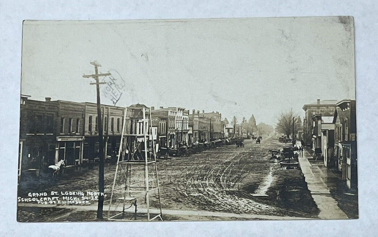 1911 Schoolcraft Michigan Grand Street Looking North RPPC Real Photo Postcard MI