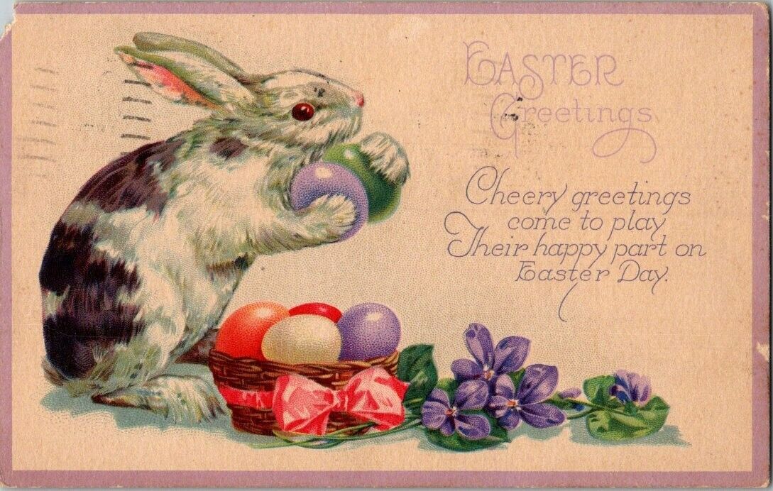 Vintage Antique Postcard Easter Anthropomorphic Bunny Rabbit Colored Eggs P04