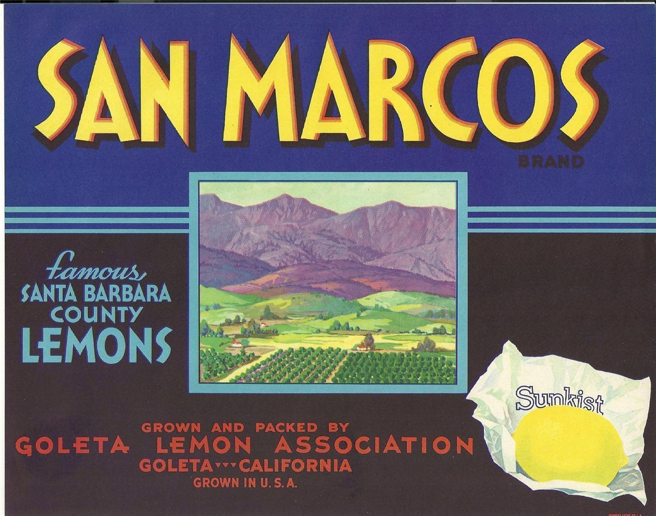 Vintage San Marcos Brand Santa Barbara County Lemons Crate Label Goleta, Ca.