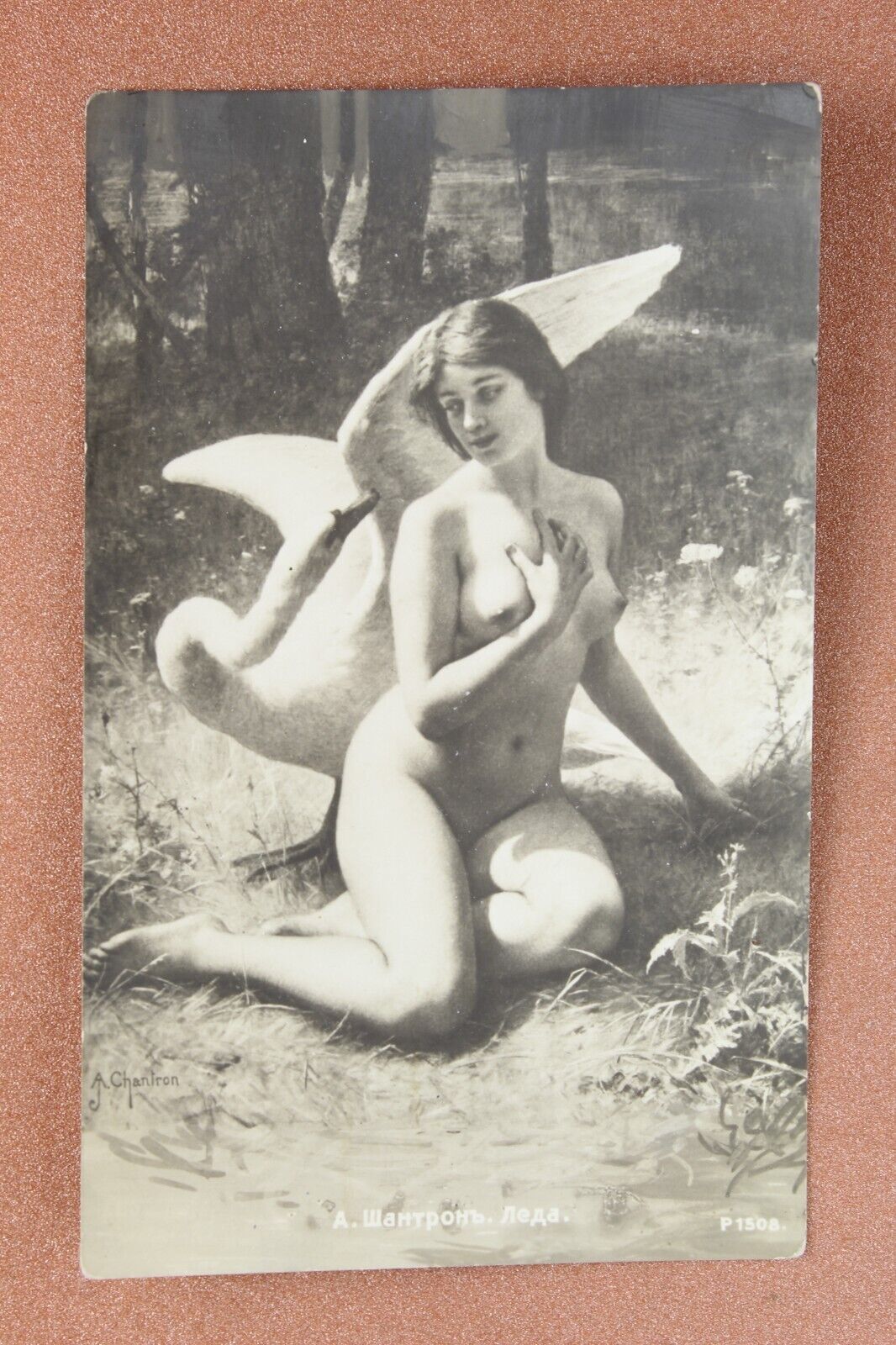 Beautiful Leda nude nymph. White Swan LOVE Glamor. Tsarist Russia postcard 1909s