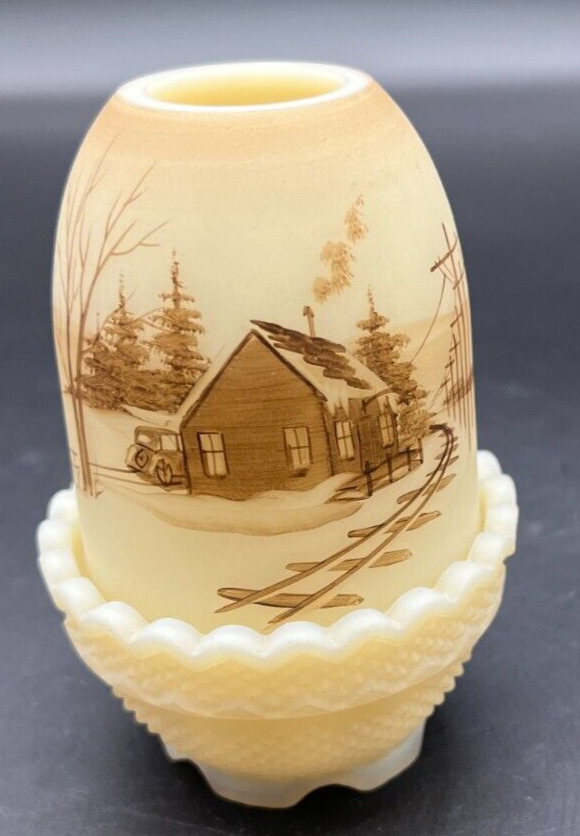 Fenton Hand Painted Carmel Glass Fairy Lamp-Winter Scene with Railroad Station