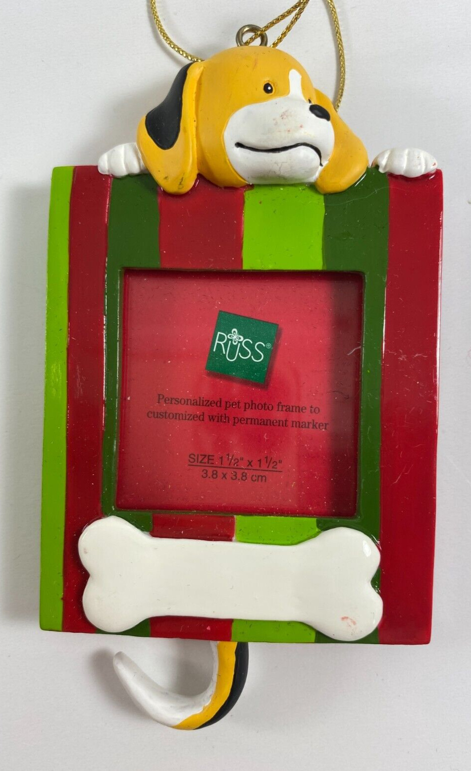 Christmas Ornament Russ Handpainted Wags To Whiskers Photo Frame Dog w/Bone