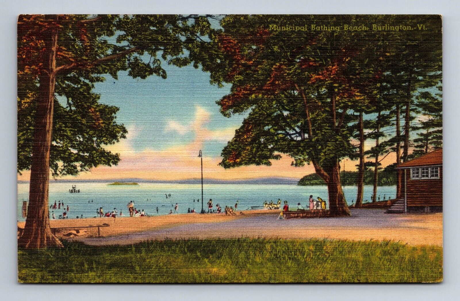 Municipal Bathing Beach Burlington Vermont Lake View Postcard c1947