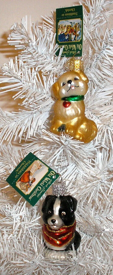 LOT OF (2) 2009 MINI PUPPY - OLD WORLD CHRISTMAS -BLOWN GLASS ORNAMENT NEW W/TAG