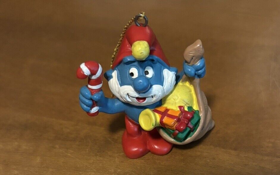 Vintage Papa Smurf Christmas PVC Ornament With Candy Cane/ Presents