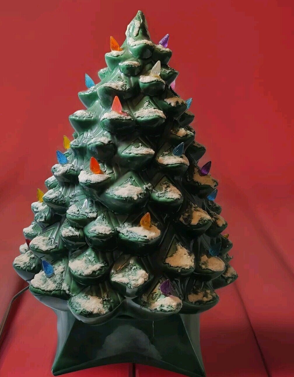 Vintage Ceramic Snow Flocked Christmas Tree W/ Base Lighted 15\
