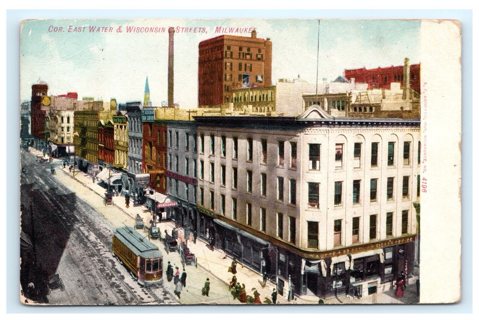 Corner East Water Street & Wisconsin Milwaukee WI 1908 Postcard F6