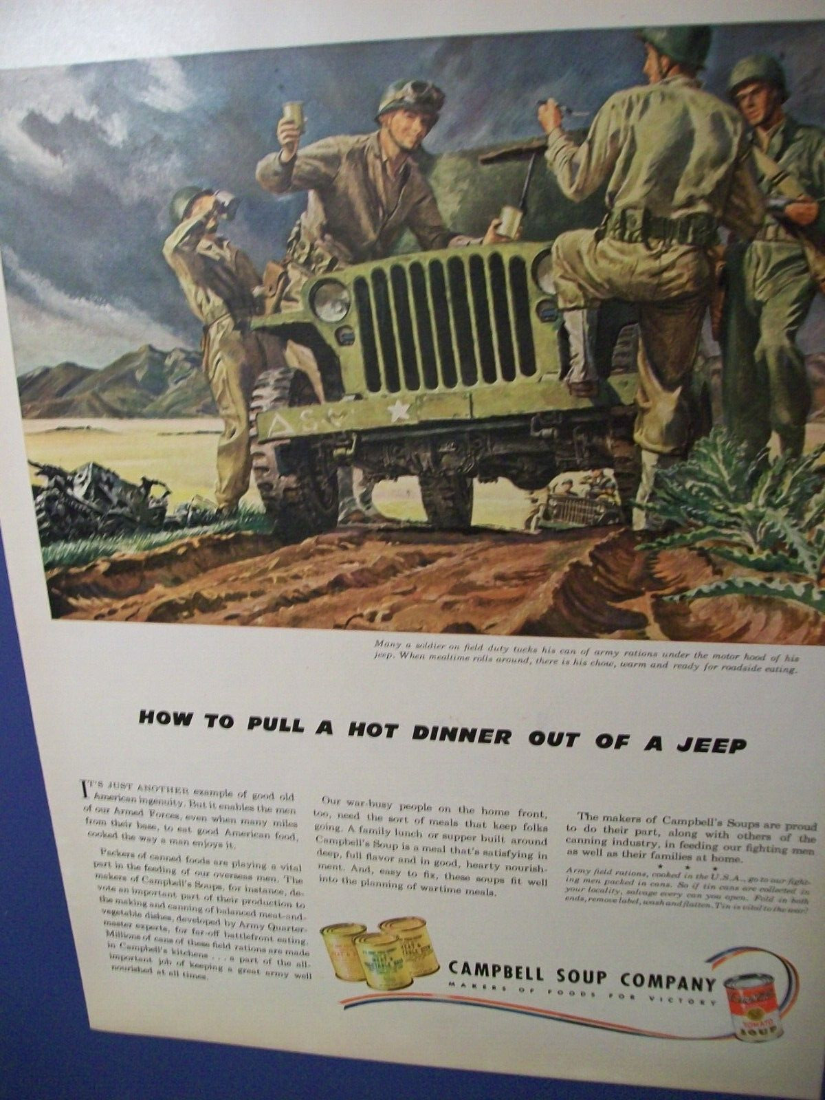 1943 WWII Willys Jeep large-mag ad-Campbells Soup -Pull Hot Dinner Out Of A Jeep