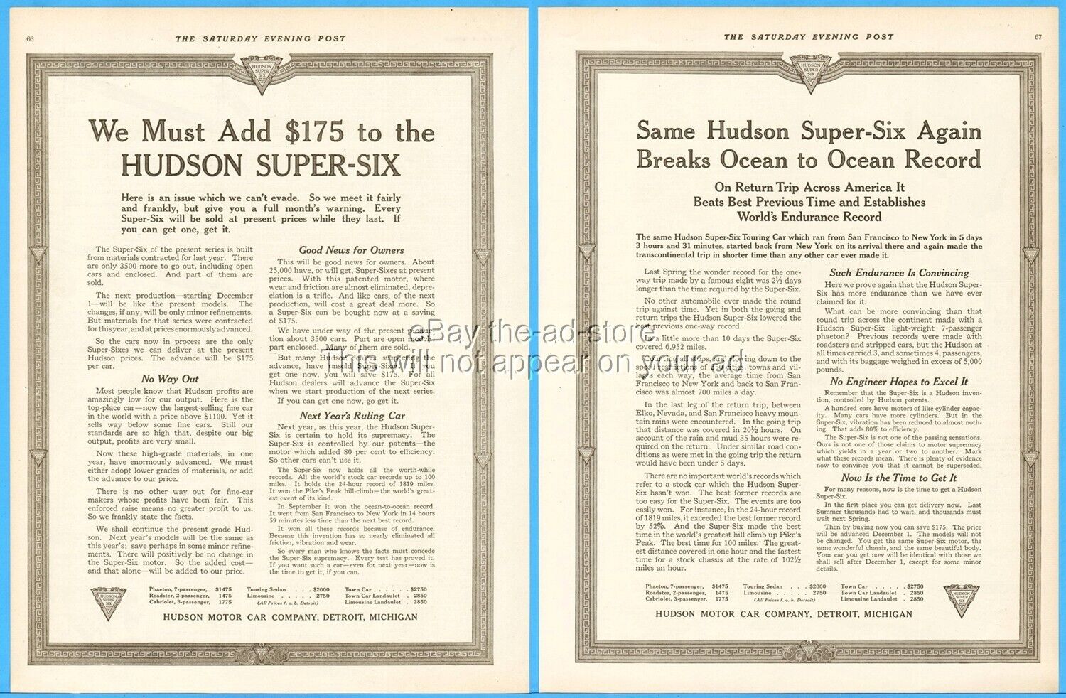 1916 Hudson Super Six Touring Car San Francisco to New York Record Elko NV Ad
