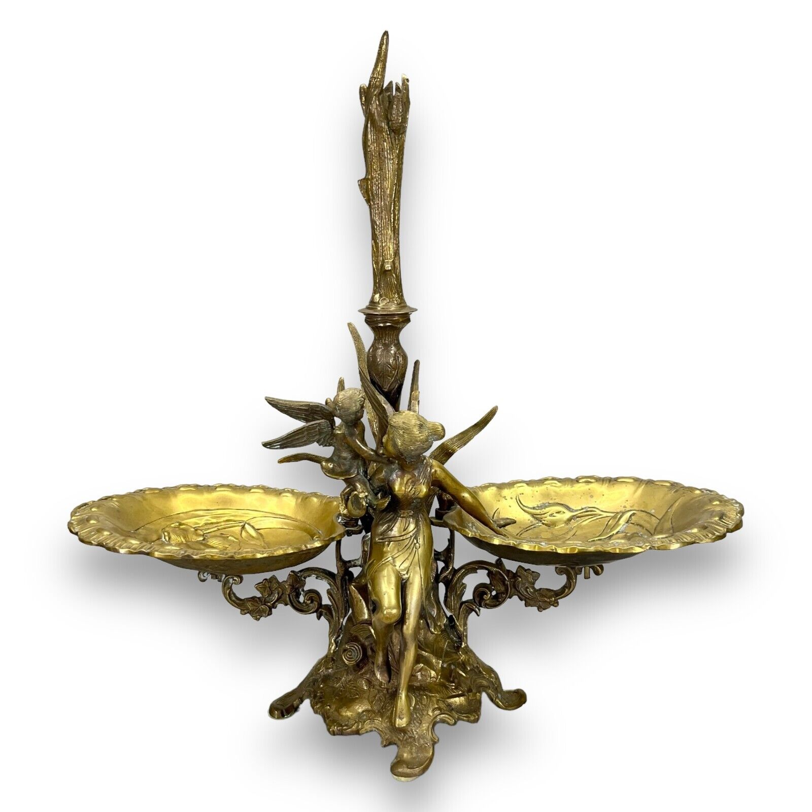 Vintage Art Nouveau Brass Fairy & Angel Figural Metal Epergne 20x20 Centerpiece