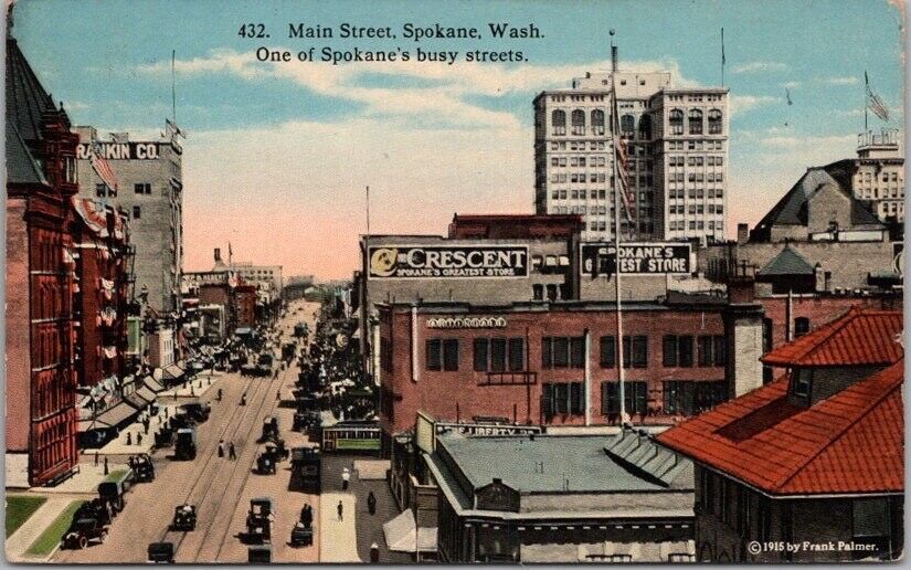 Vintage SPOKANE Washington Postcard MAIN STREET Downtown Scene / 1916 Cancel