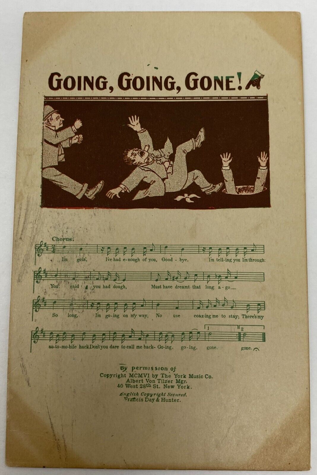 1906 Going Going Gone Sheet Music Postcard The York Music Co