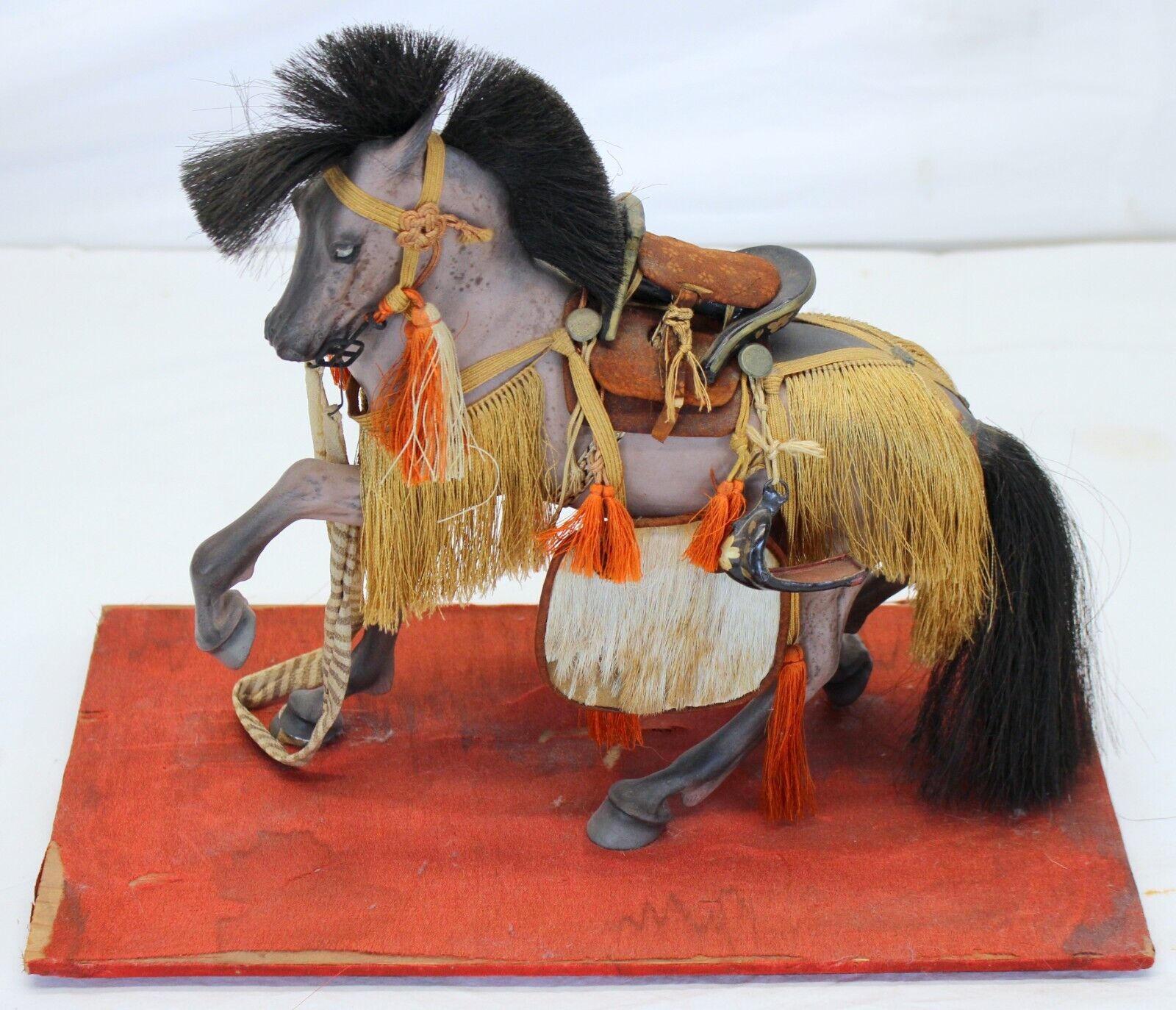 MEIJI PERIOD Paper Mache SAMURAI HORSE MODEL c 1868 GLASS CASE Old Early Display