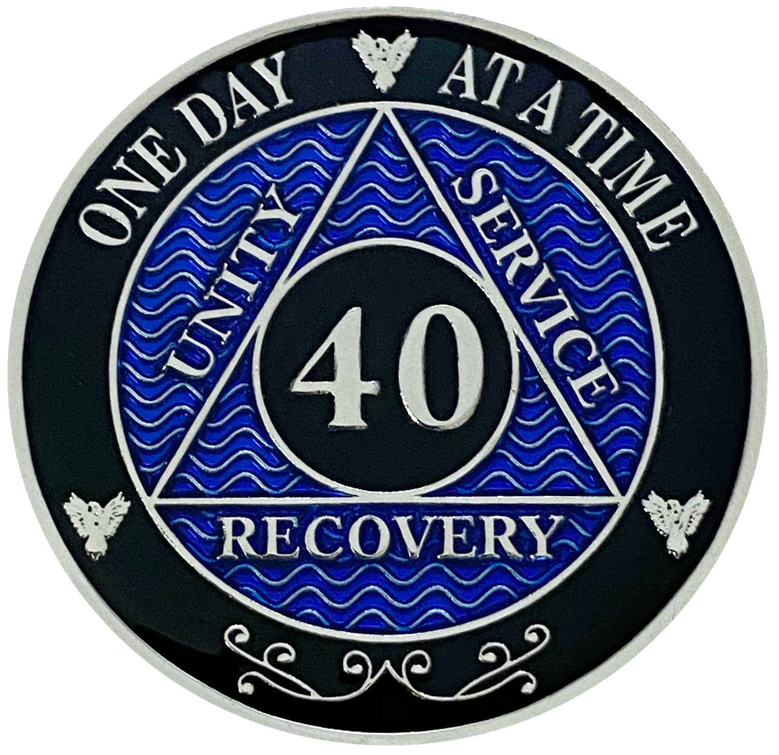 AA 40 Year Coin Blue, Silver Color Plated Medallion, Alcoholics Anonymous Coin