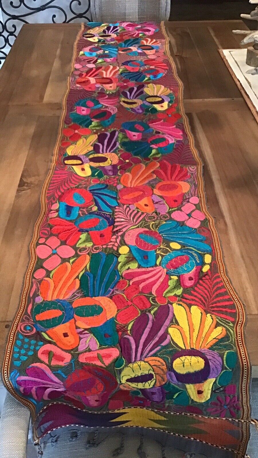 Mexican Chiapas Embroidered Floral and Fauna Table Runner 16”x90”