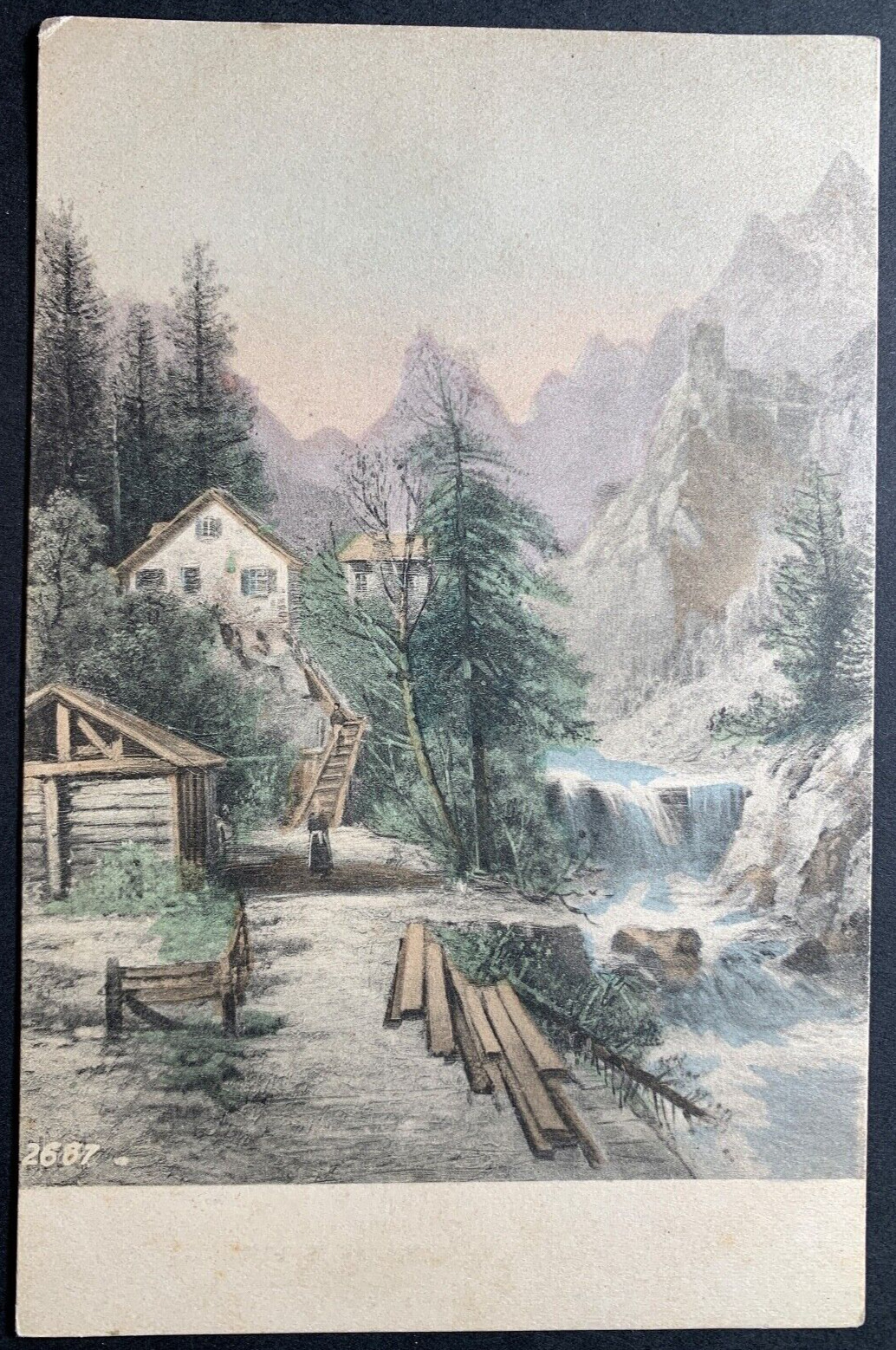 Vintage Postcard Mountain Cottage Stream Waterfall