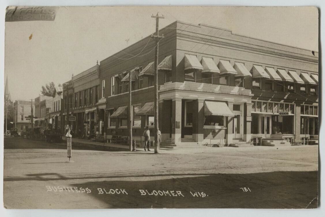 1922 Business Block Bloomer Wisconsin Real Photo Postcard RPPC