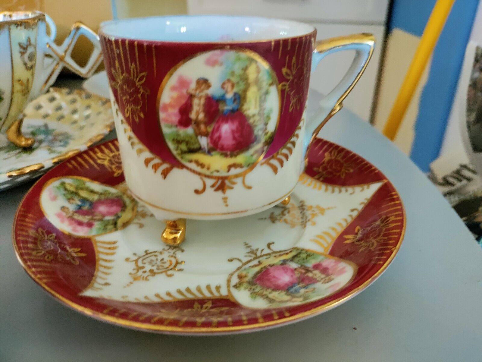 Vth Royal Sealy Bone China Victorian Courting Couple Footed Teacup/Saucer Japan