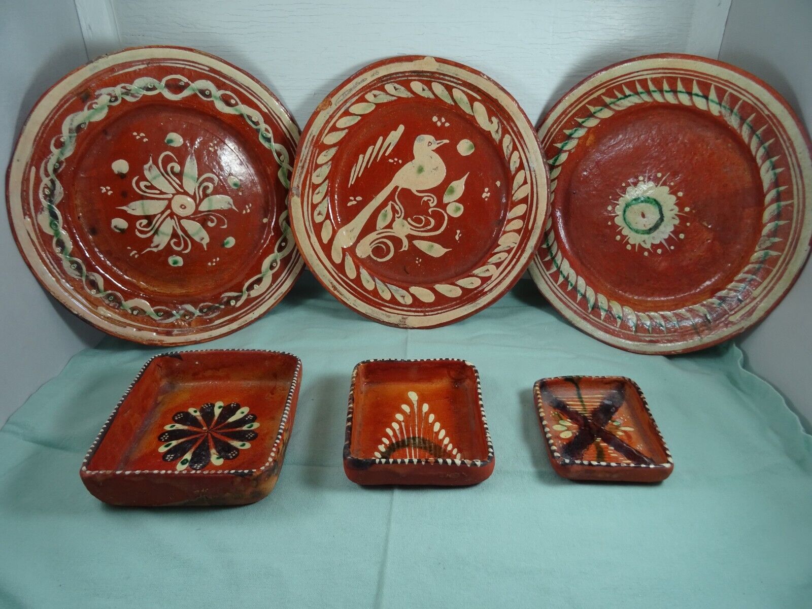 Vintage Mexican Clay Hand Painted Plates Stackable Trinket boxes 6pcs Collection