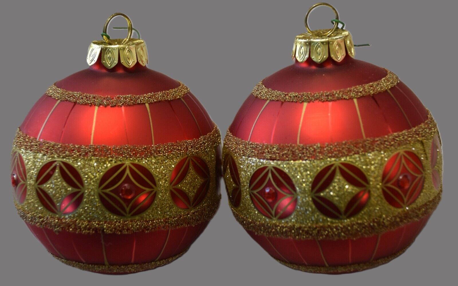 Lot of 2•Dark Red Gold Christmas Tree Bling Sparkle Glass Ornaments Hand Painted