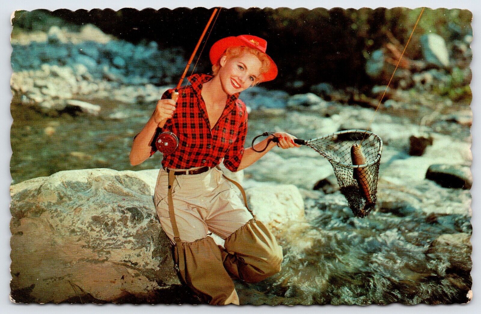 Postcard Woman Fishing Greetings From Sherbrooke, Quebec Canada Posted