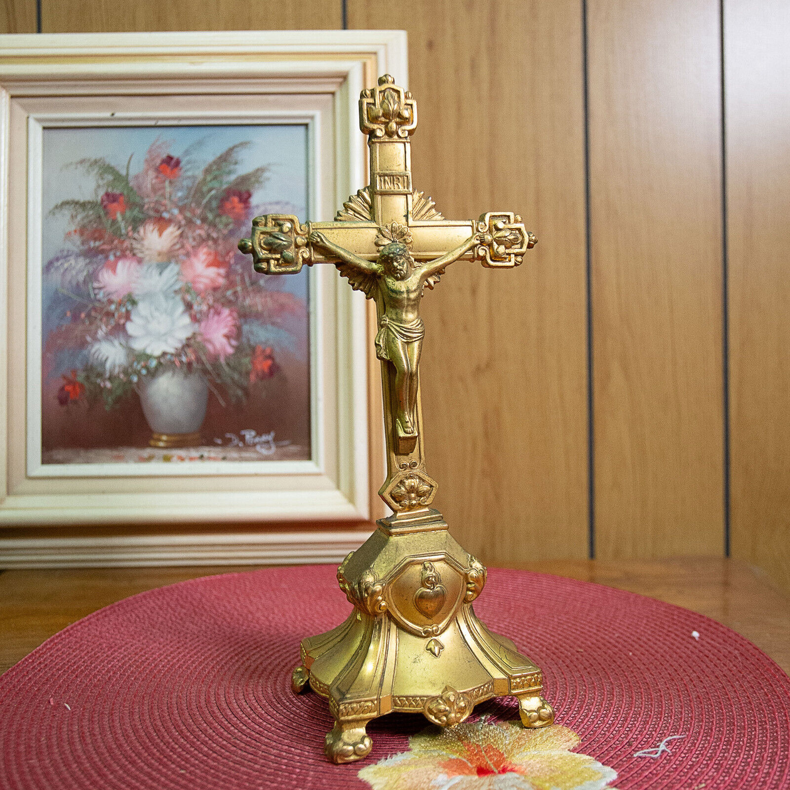 Vtg Table Altar Cross Crucifix Freestanding Cast Metal Gold Jesus Catholic 11\