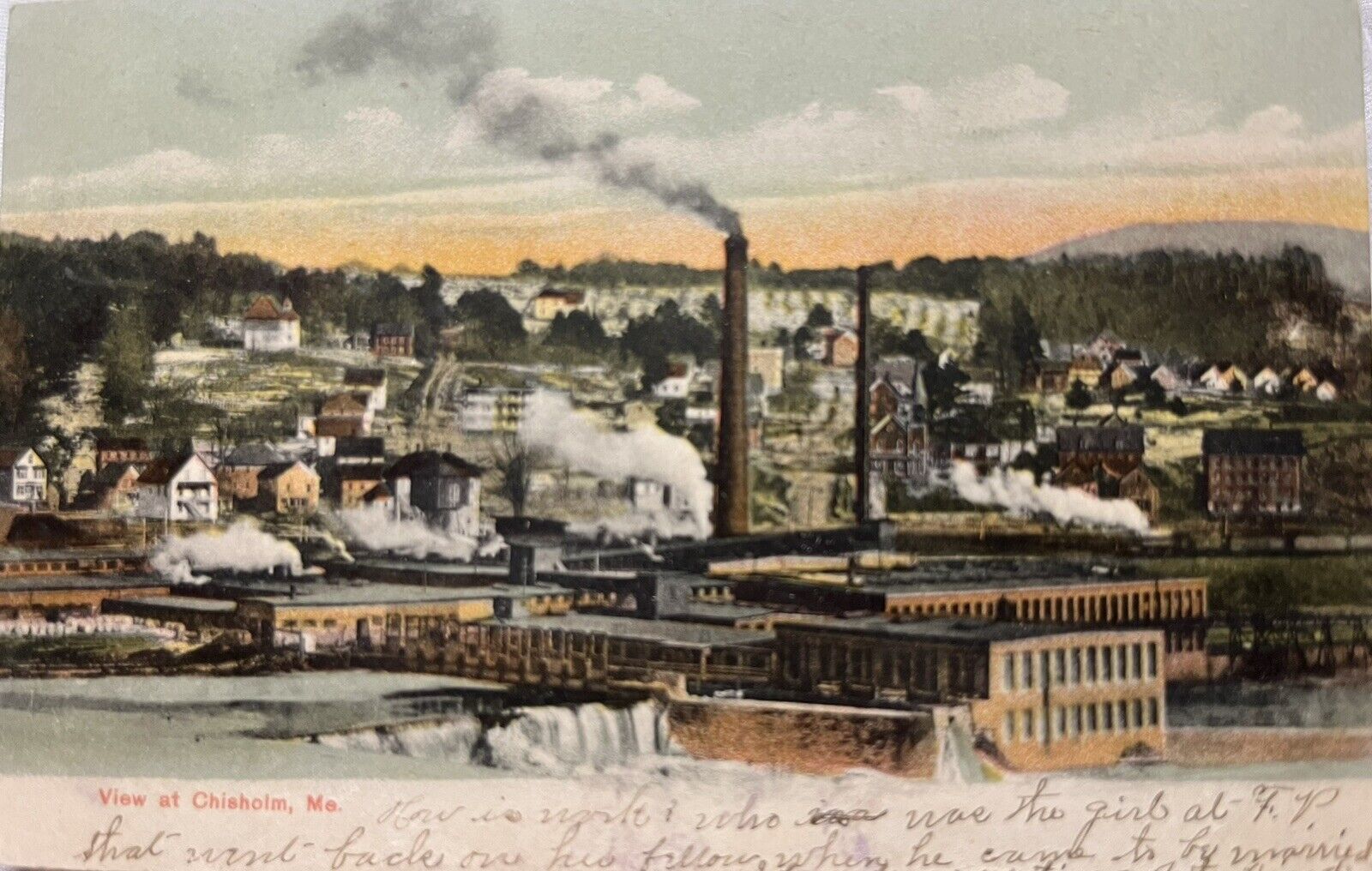 1906 View At Chisholm Maine Antique Postcard Mills Factories ME Dam Smokestack