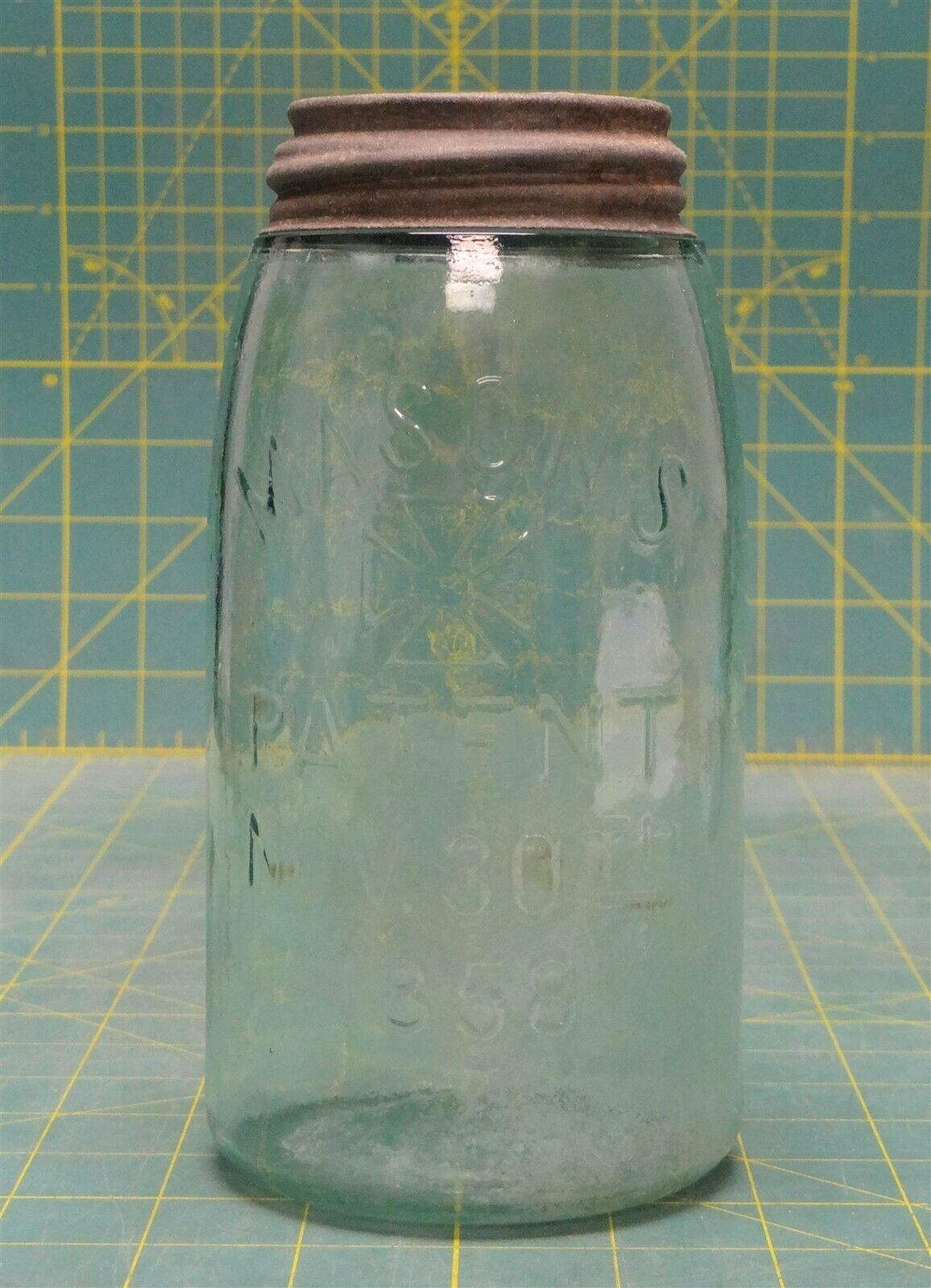 Mason's Jar Hero Cross Patent Nov 30th 1858, Aquamarine Glass, 1 Liter, Zinc Lid