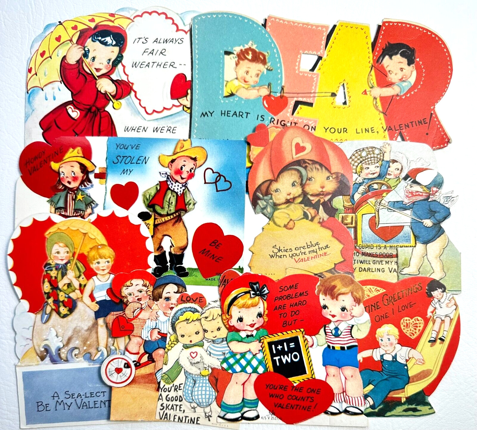 Vintage Die Cut Valentine Kitties with Umbrella Cupid Archer Ice Skate Lot of 10