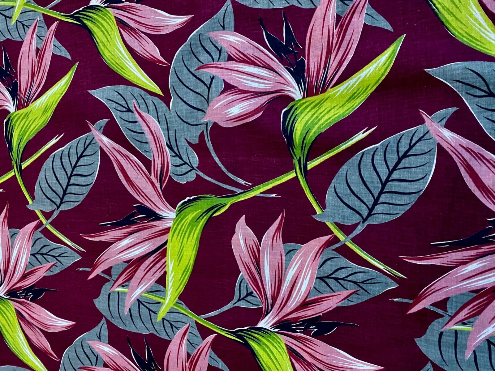 Miami 30's Electric Bird of Paradise on Raspberry Barkcloth Era Vintage Fabric