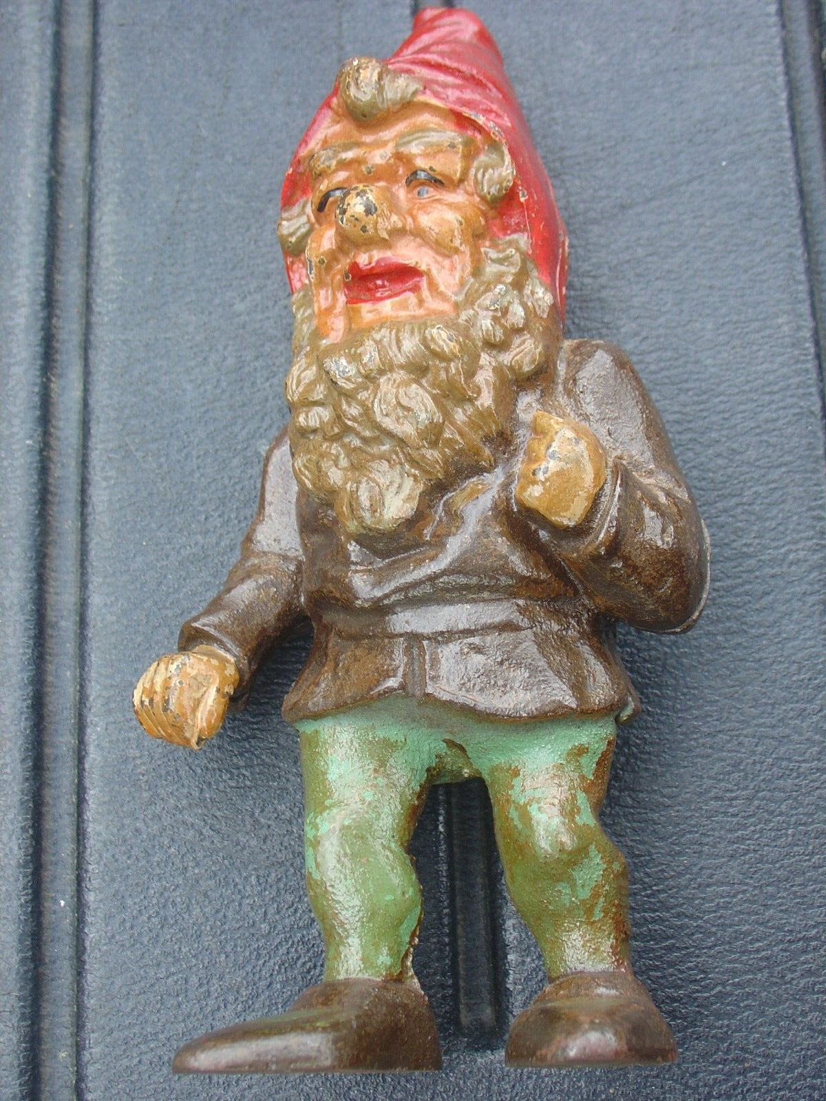 Vintage Antique Hubley Gnome Cast Iron Door Stop Elf Dwarf Figure Nice Paint