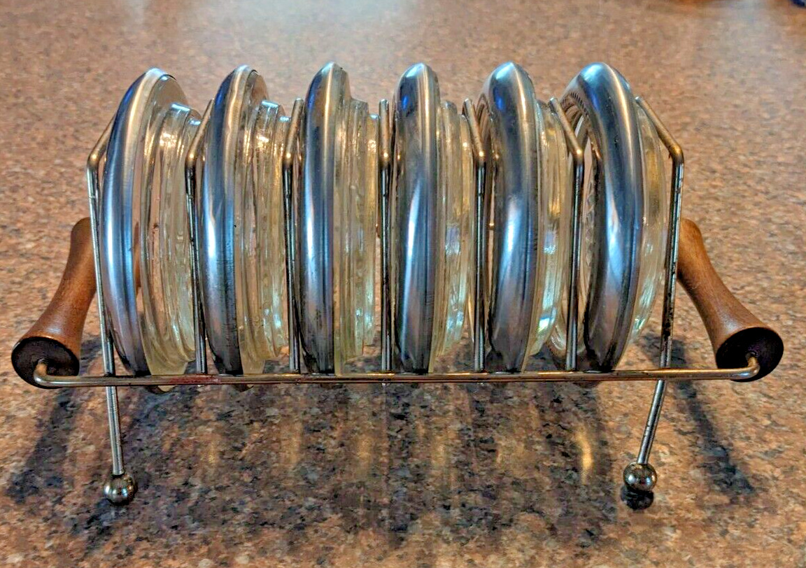 Set of 6 Vintage Glass Coasters or Ashtrays with Metal Caddy Wood Handles MCM