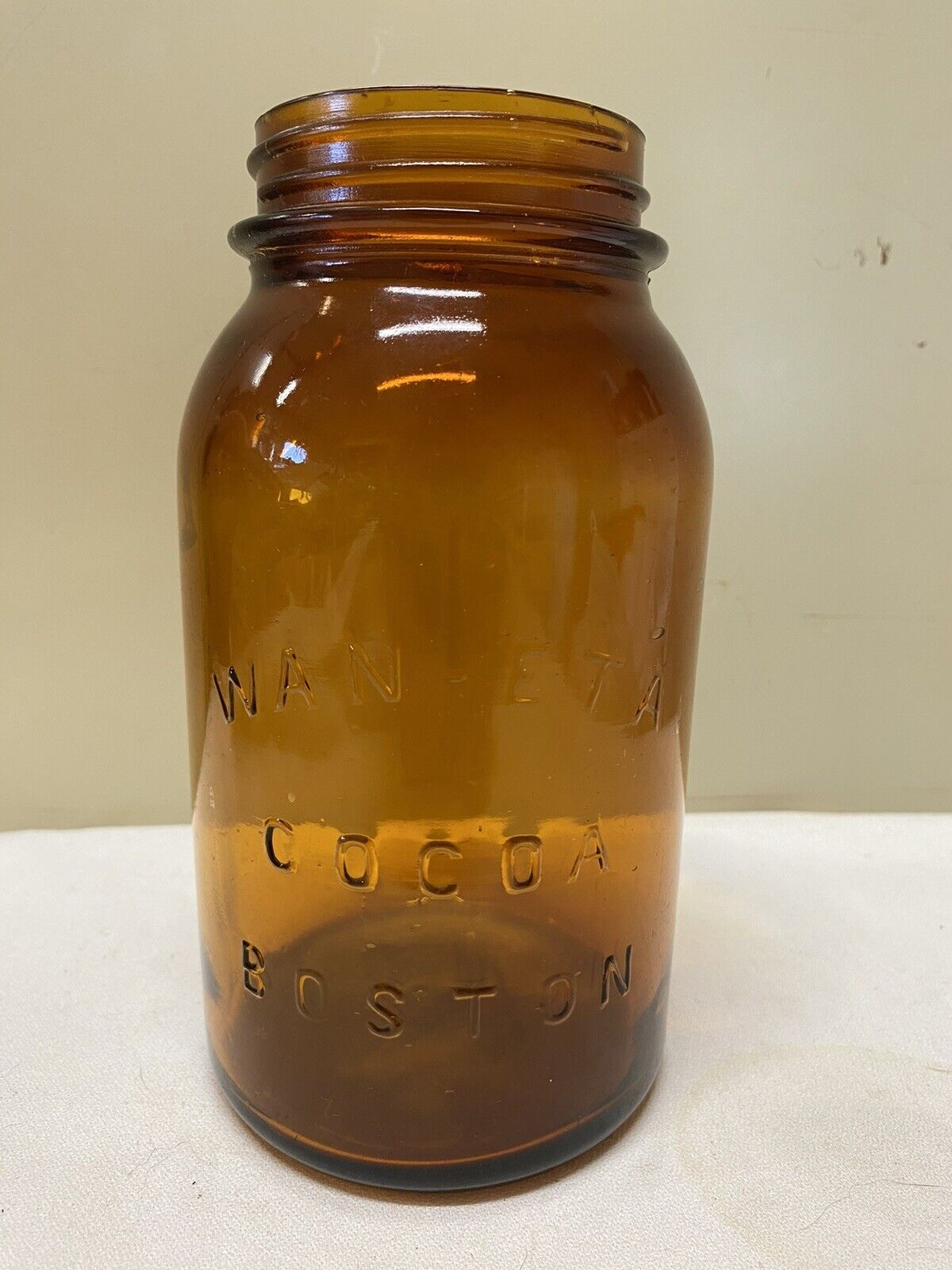 Vtg 1930’s WAN-ETA COCOA Amber Brown Glass 32Oz Wide Mouth MASON Jar w Zinc Lid