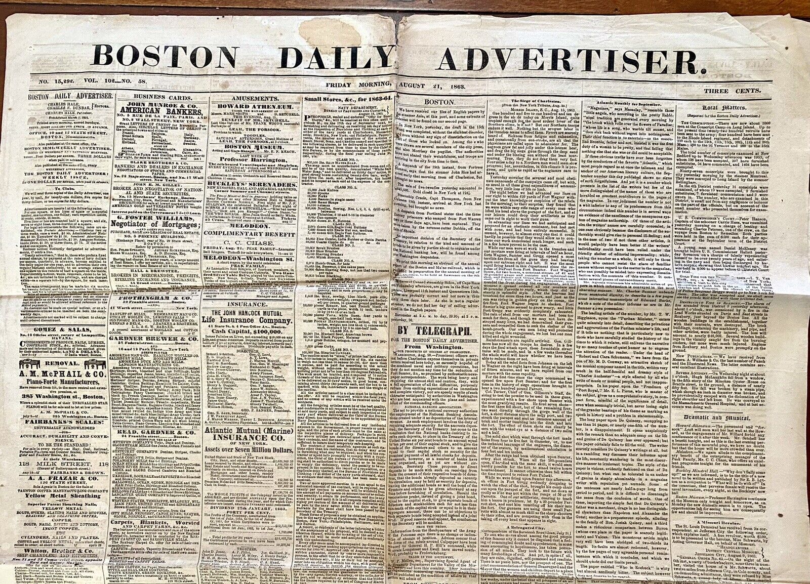 Aug 21, 1863, Boston Daily Advertiser CIVIL WAR NEWSPAPER, VG- Condition