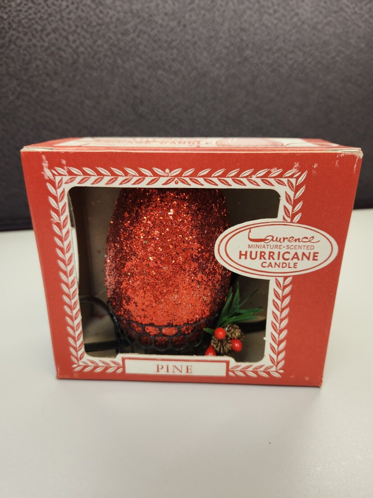 Vintage Laurence Miniature Red Pine Hurricane Candle Boxed Glitter W/Box