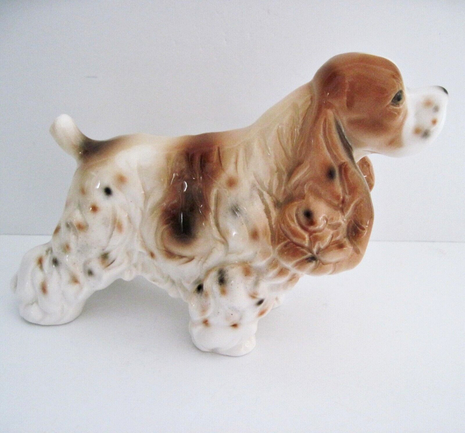 Vintage Cocker Spaniel Dog Figurine White Brown Spotted Japan Ceramic