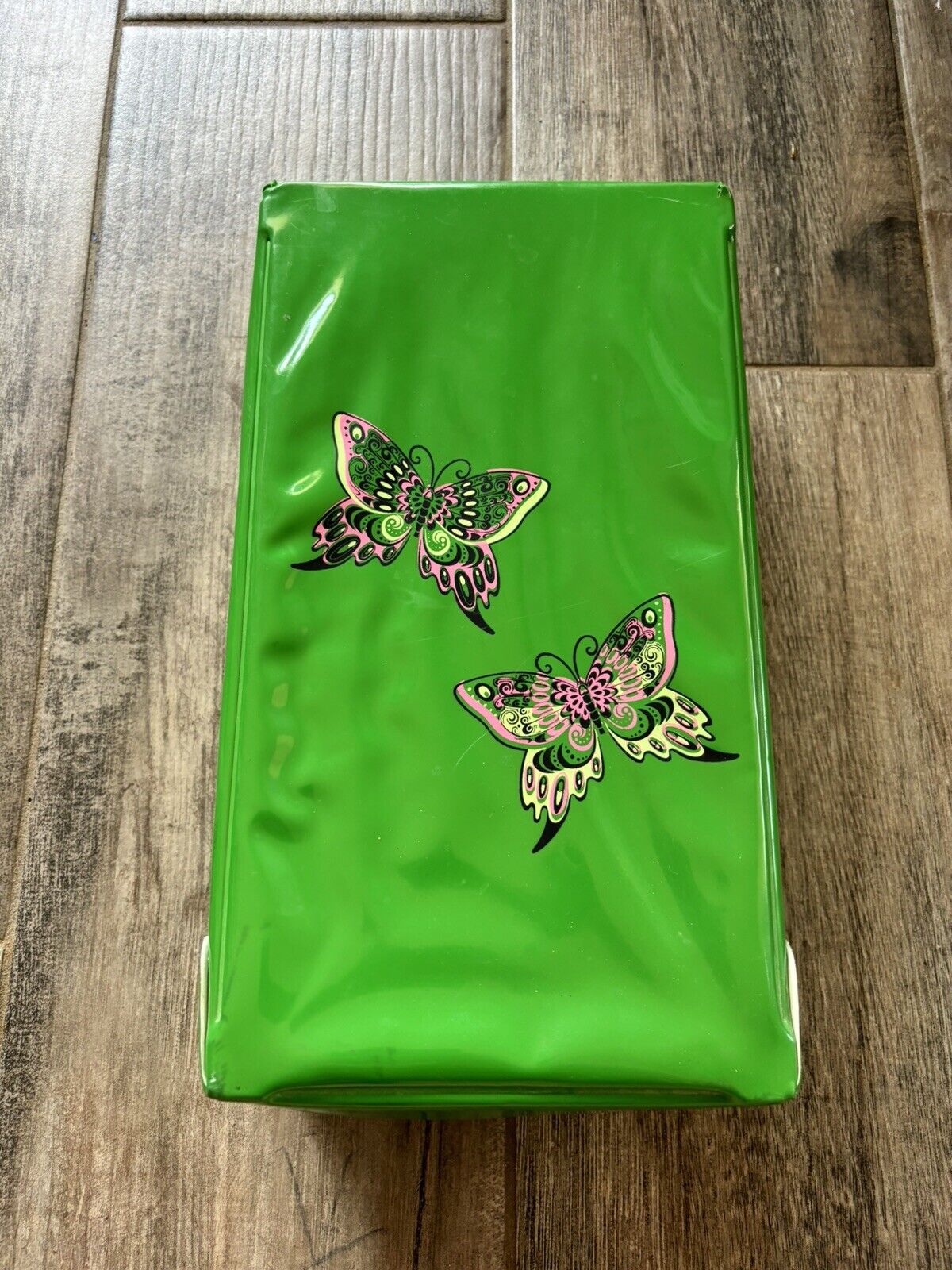 Vintage Vinyl Rectangle Box Butterflies Wig Box Green MCM Mid Century Kitsch