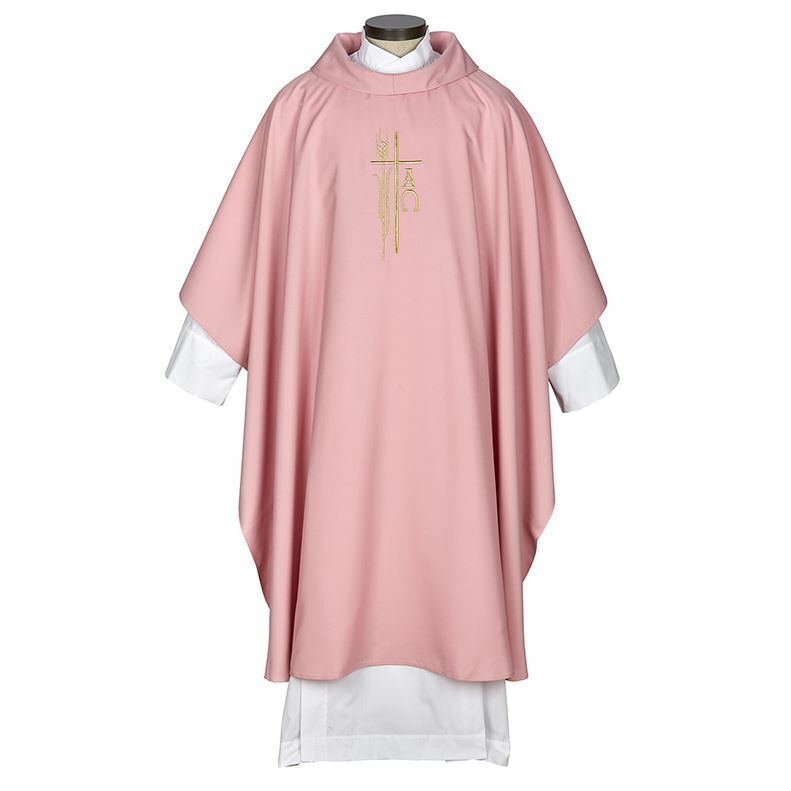 Rose Lined Cowl Monastic Chasuble with Alpha and Omega Embroidered Design