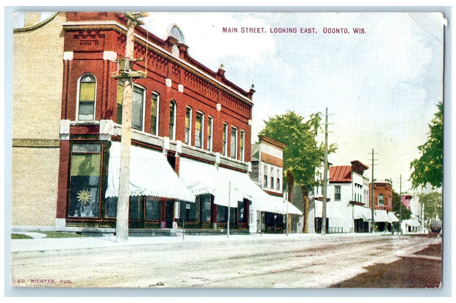c1910\'s Main Street Looking East Shops Oconto Wisconsin WI Unposted Postcard