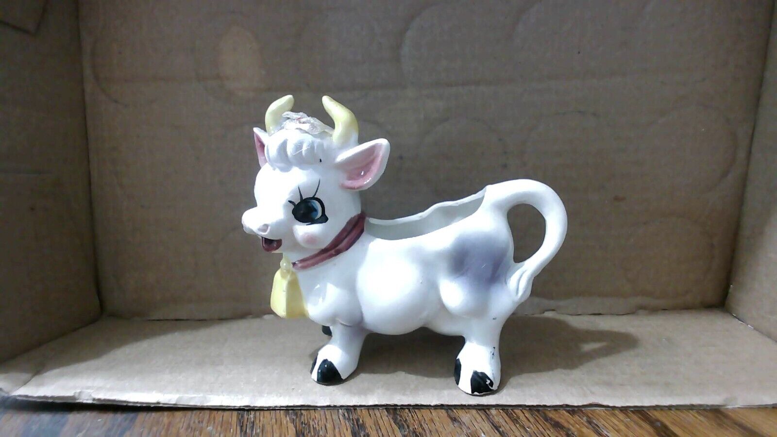 Vintage Bessie Cow Creamer with Yellow Horns & Bell - Farmhouse Country Kitchen