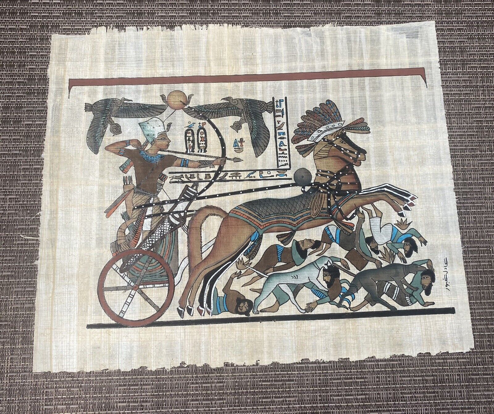 Signed Hand Painted Ancient Egyptian Papyrus King Tut Chariot Battle Scene