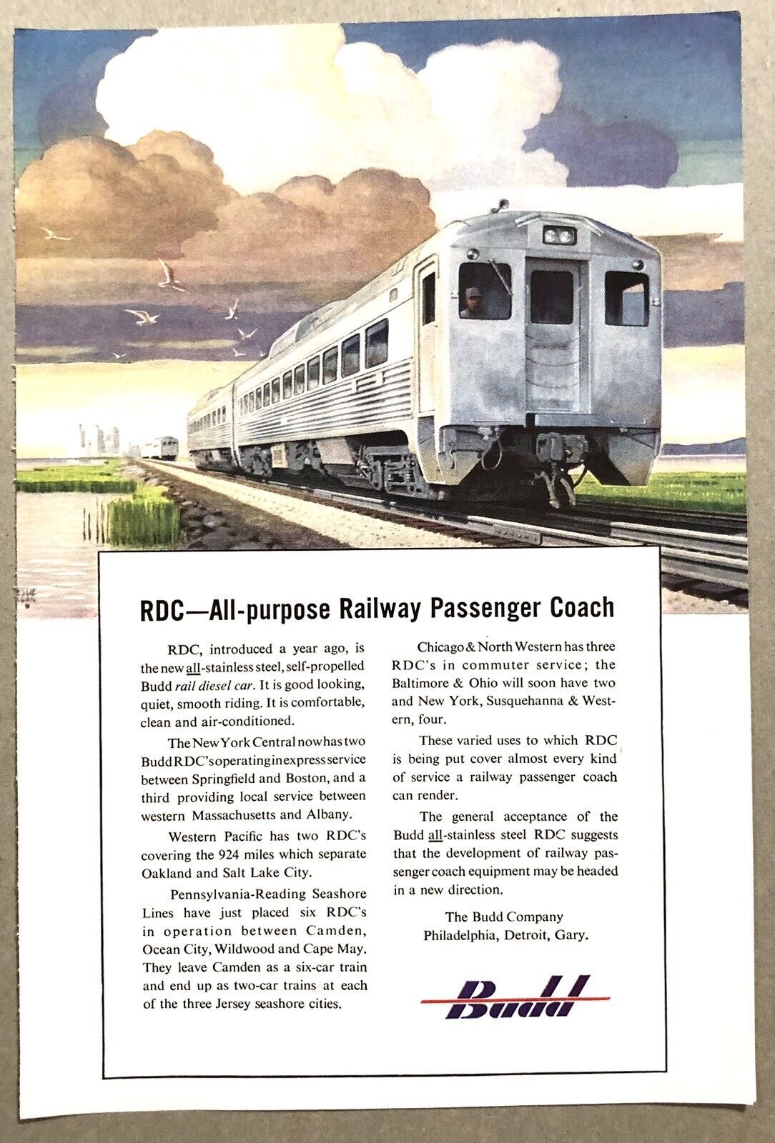 Vintage 1950 Original Print Ad Full Page - Budd All-Purpose Railway