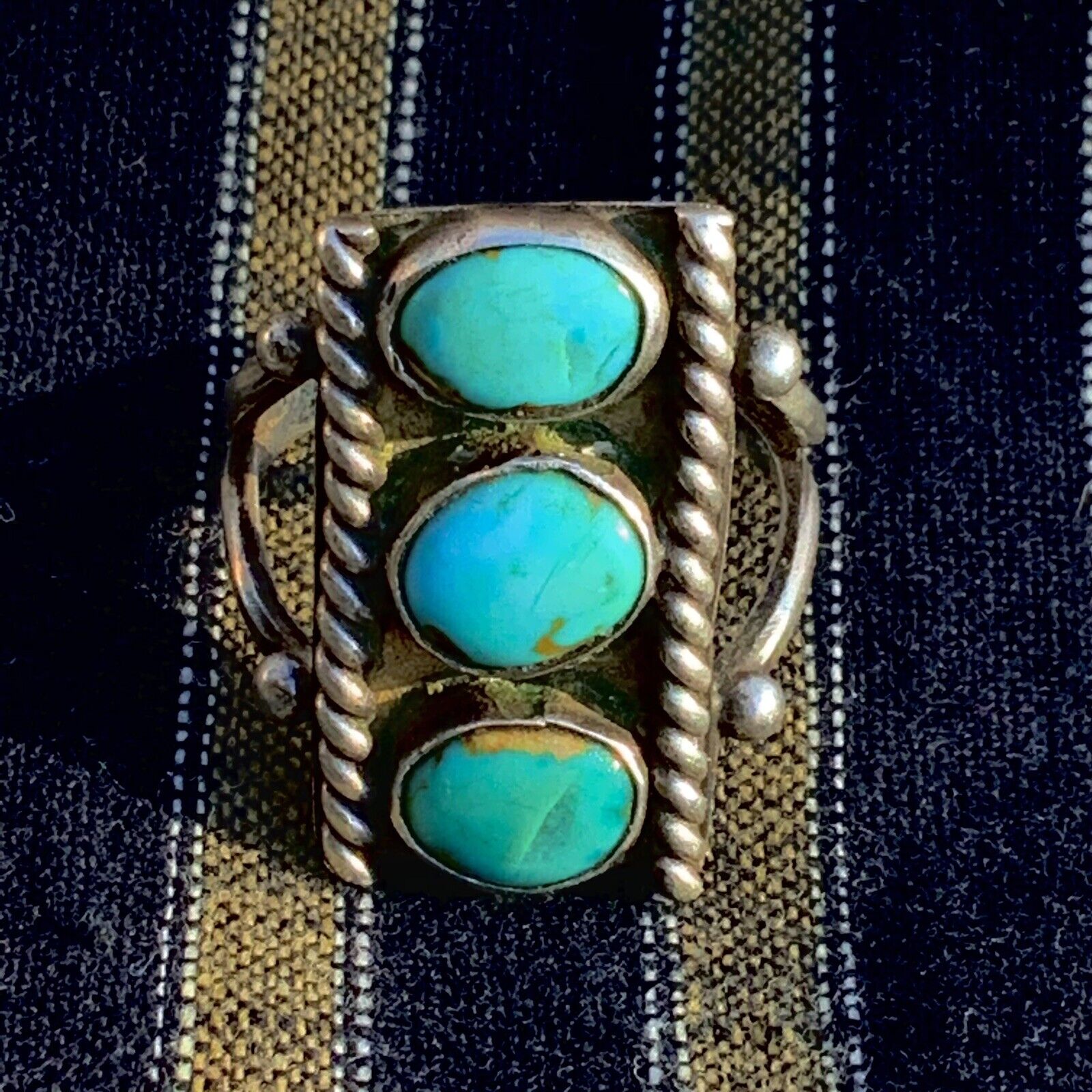 1940s Pawn Navajo Native Stoplight Green Cerillos Turquoise Silver Ingot Ring