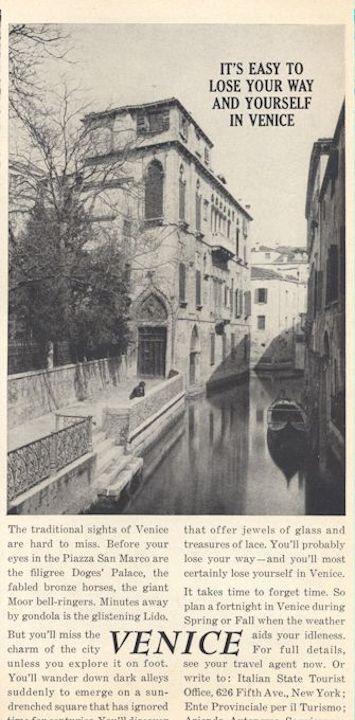 1962 Italian State Tourist Office PRINT AD details romantic trip to Venice