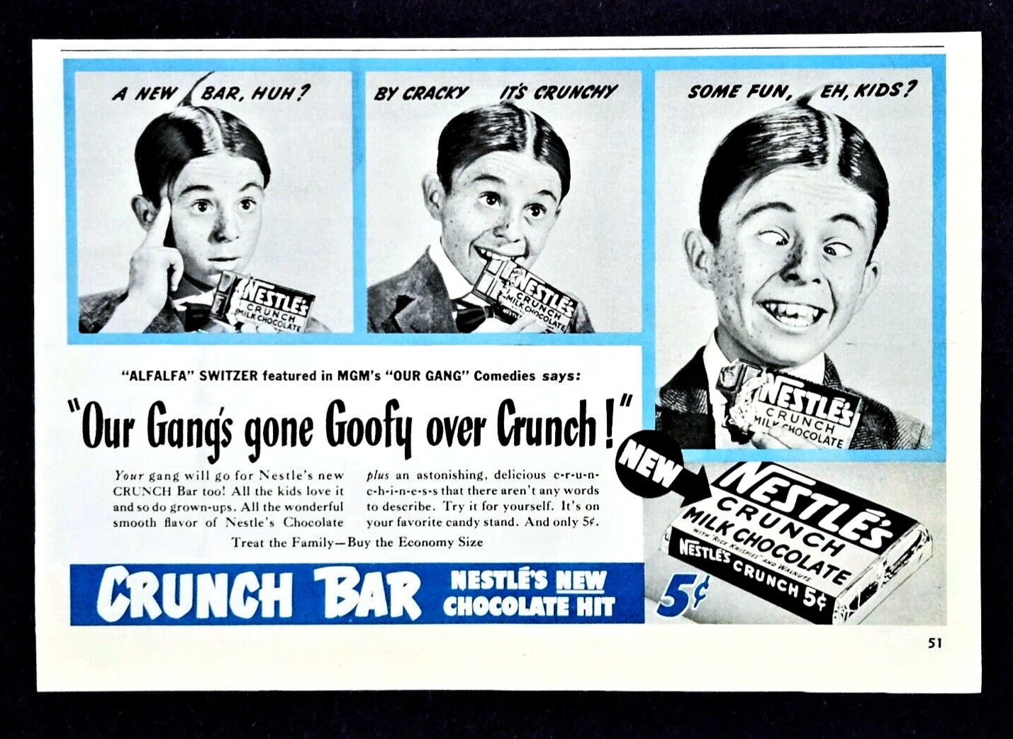 Vintage Nestle Crunch ad orignal 1939 candy bar Alfalfa our gang advertisement