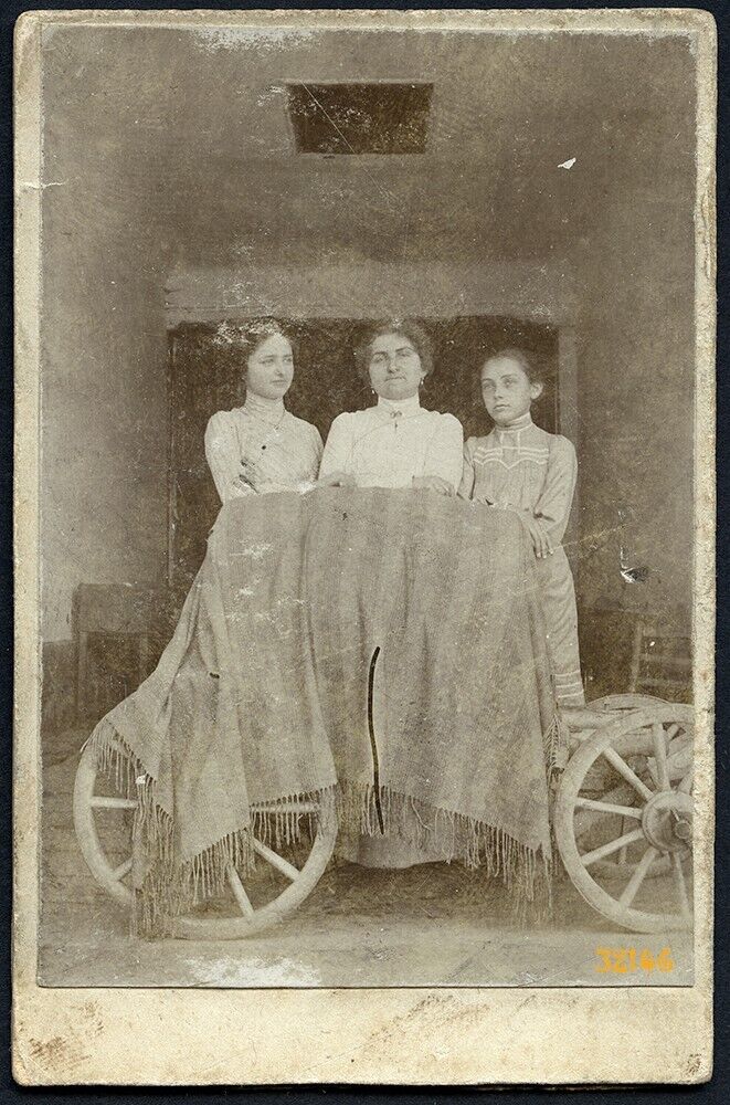 mother w daughters, cart, stable, unusual Vintage fine art CDV, 1860's Hungary