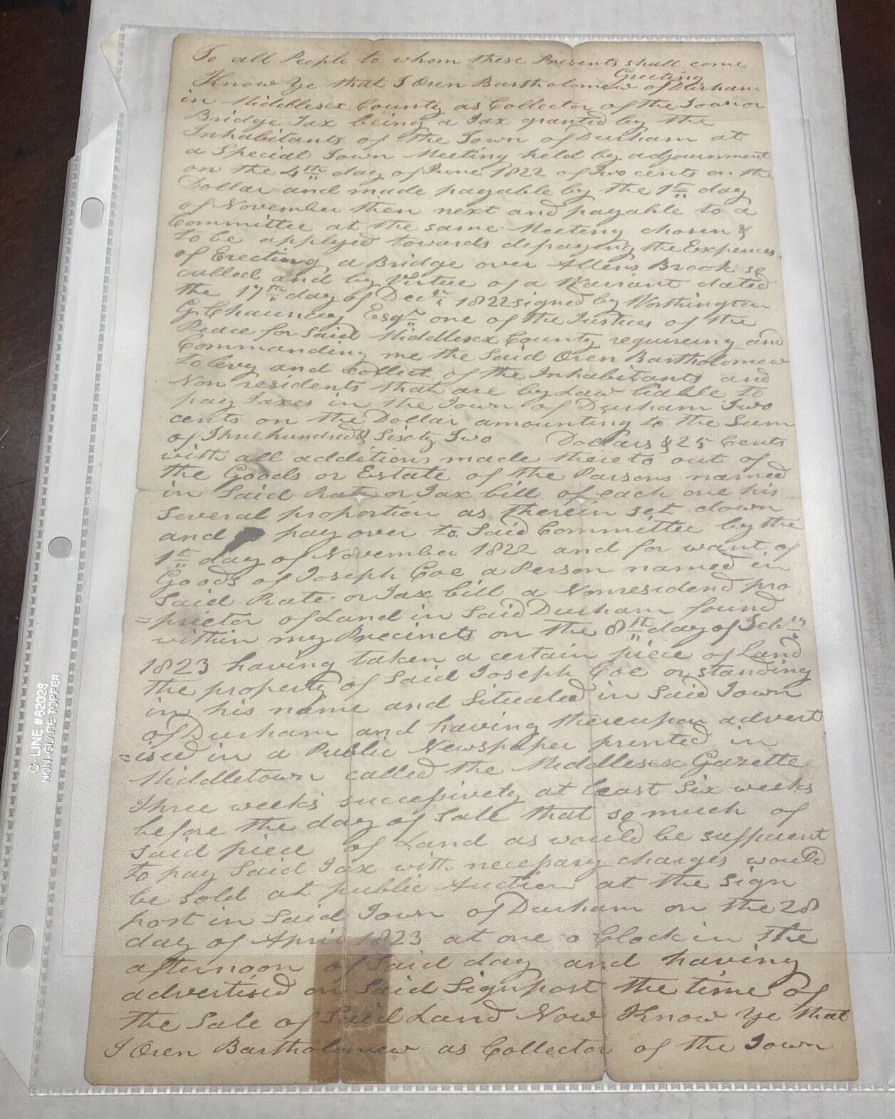 1823 Handwritten Deed Of Sale Bridge Tax Payment Connecticut Land Auction Allen