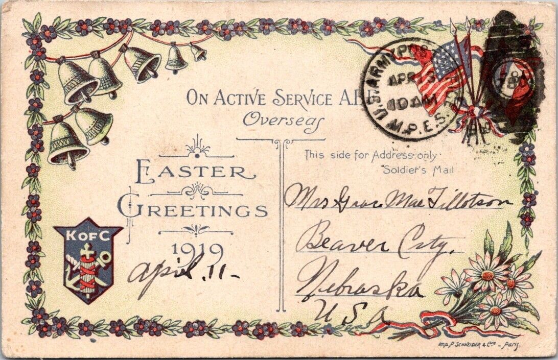 Easter WWI AEF Overseas Active Duty K of C APO Ezra Fillotson 1919 postcard JP6
